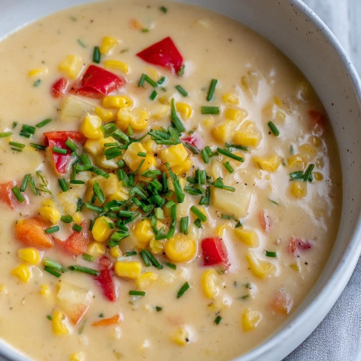 Serving suggestion for Creamy Corn Chowder with Peppers: a warm mug poured alongside a green salad on a cozy dinner table.