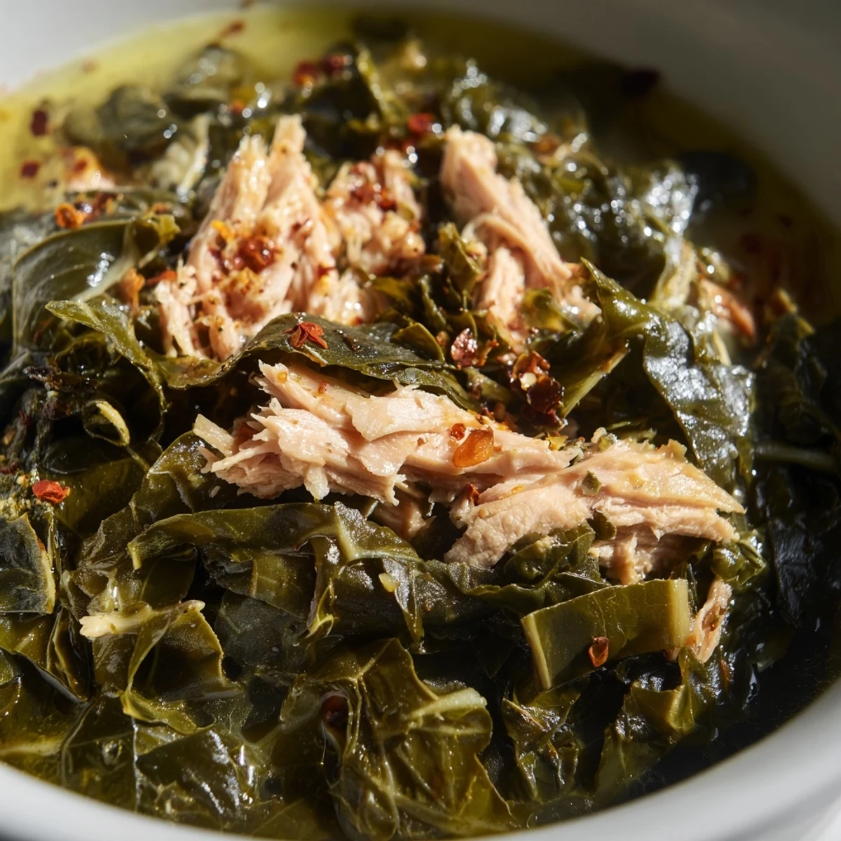 Freshly chopped Southern Collard Greens with Smoked Turkey wilted slowly in a Dutch oven, showcasing deep green leaves and smoky turkey pieces.
