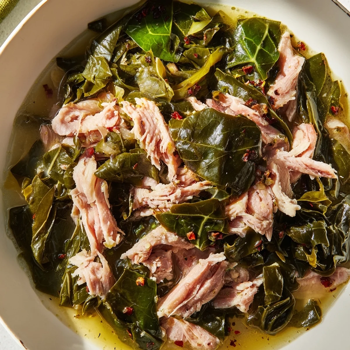 A classic Southern side dish of Southern Collard Greens with Smoked Turkey served steaming hot alongside cornbread on a rustic table.  