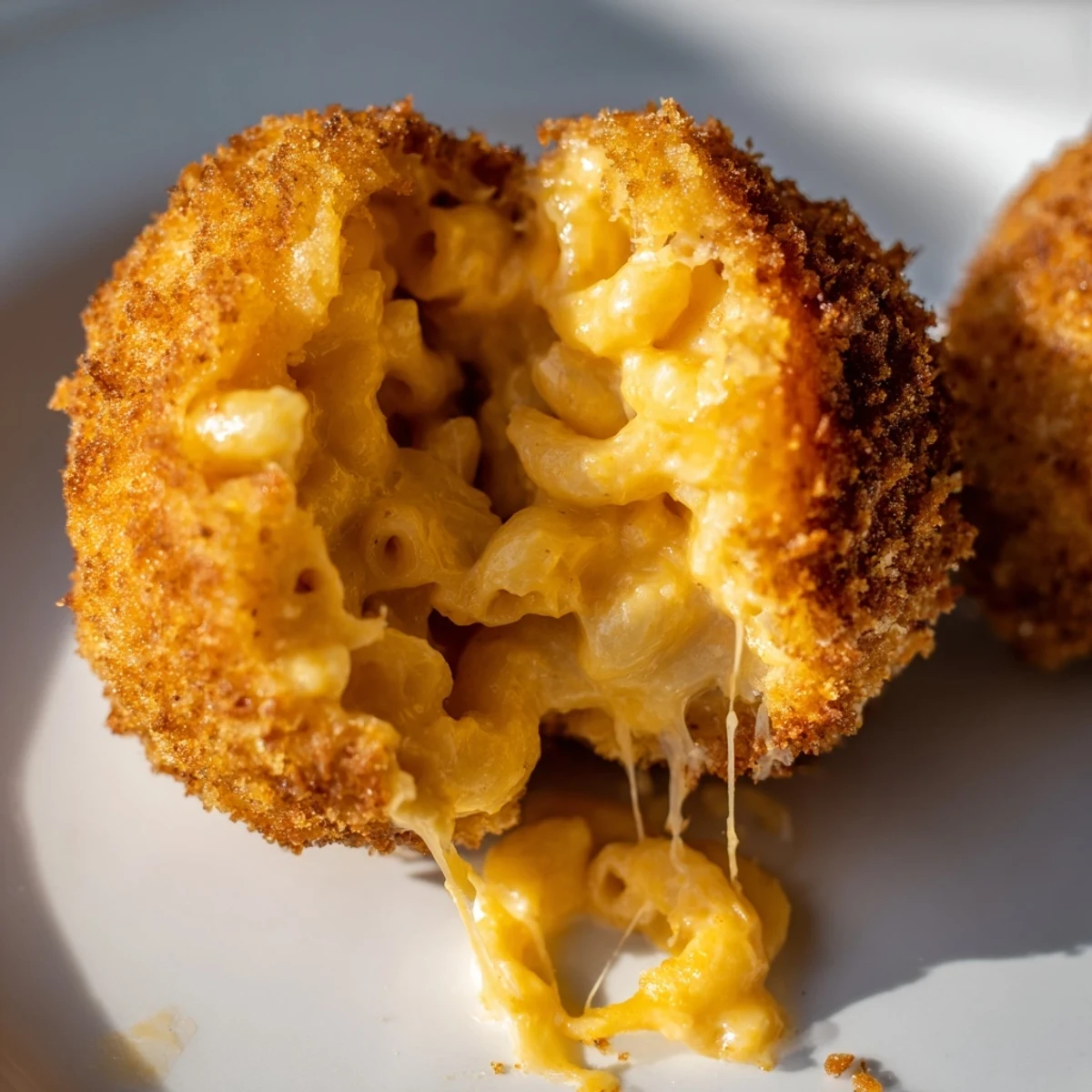 Inside a Game Day Fried Mac and Cheese Ball, creamy cheddar and macaroni peek through a crunchy panko crust.