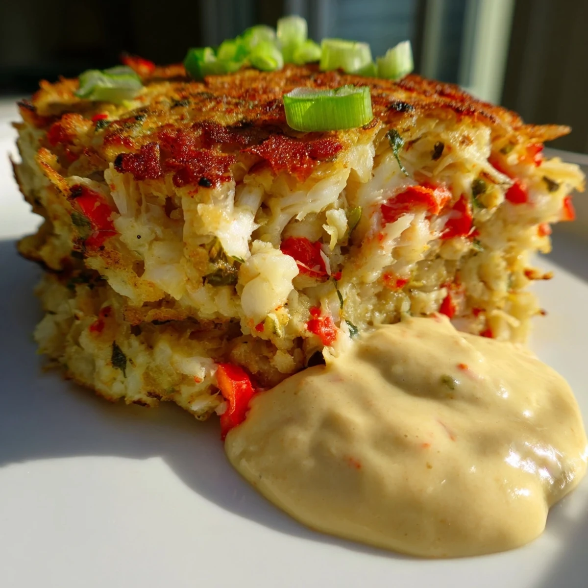 Golden-brown Cajun Crab Cakes with Remoulade resting on a white plate, garnished with parsley and lemon wedges.