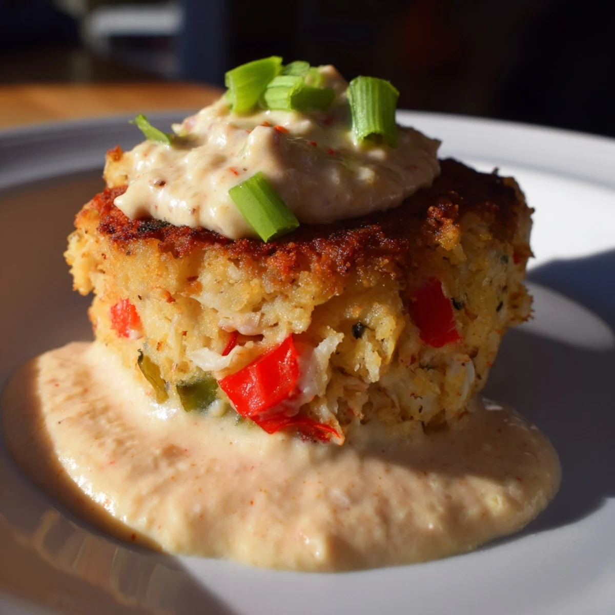 A close-up of Cajun Crab Cakes with Remoulade highlights the golden crust and lump crab meat.