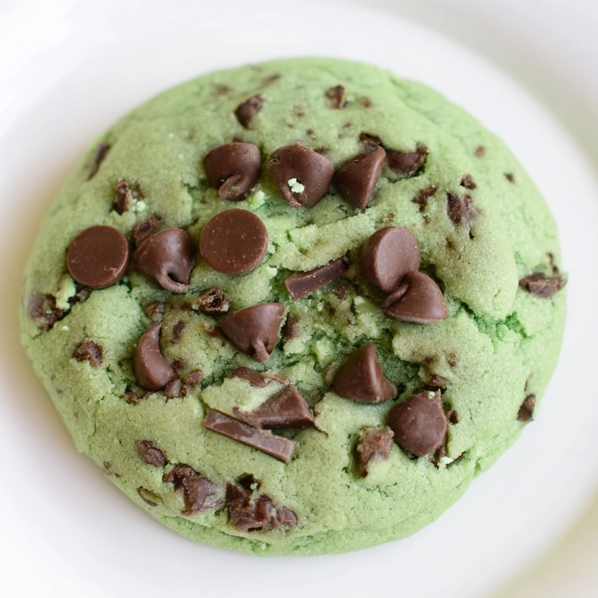 A close-up of Emerald Isle Mint Chocolate Chip Cookies showing soft, chewy texture and minty green hue.
