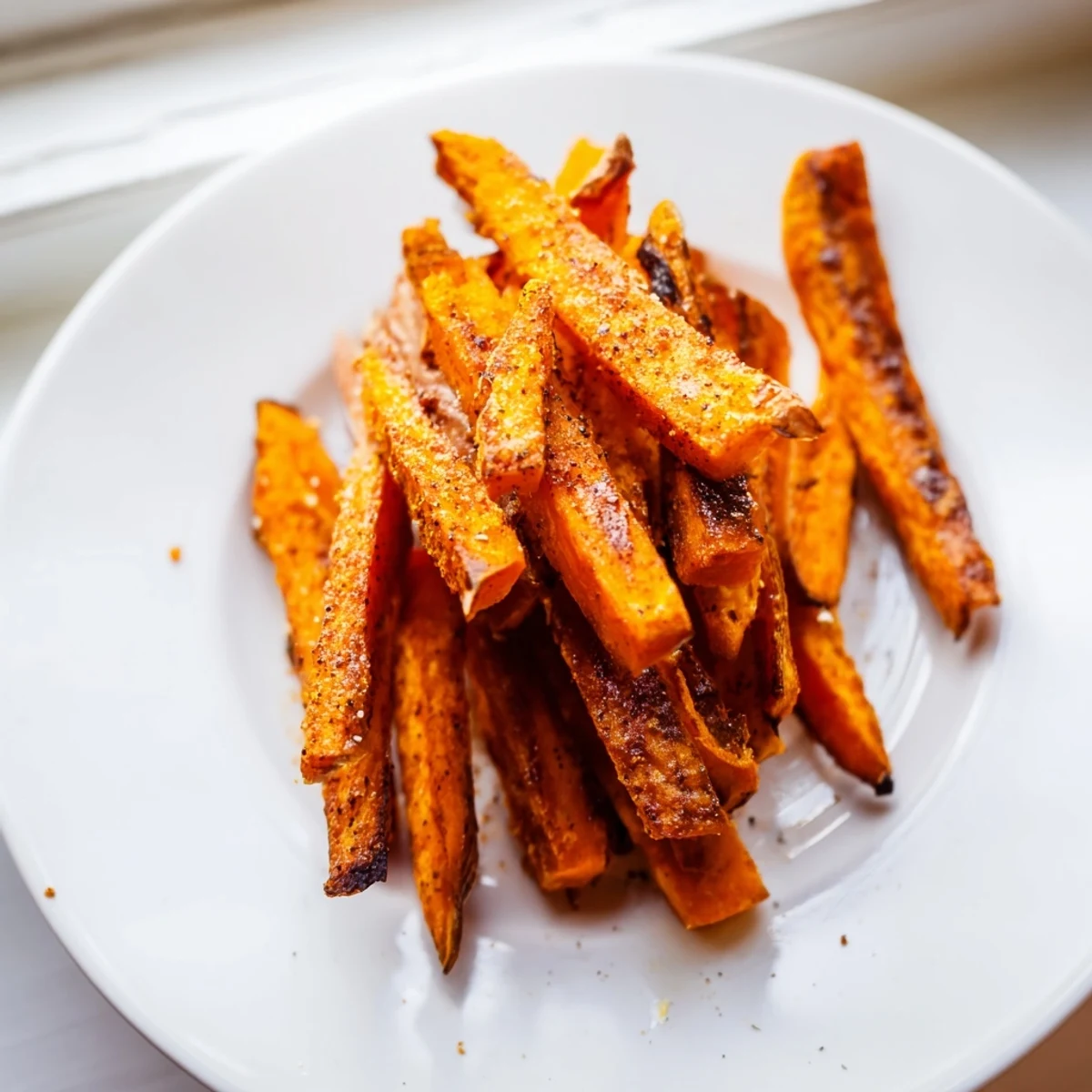 Golden-brown roasted sweet potato fries, seasoned with smoked paprika, fanned out on a rustic baking sheet.