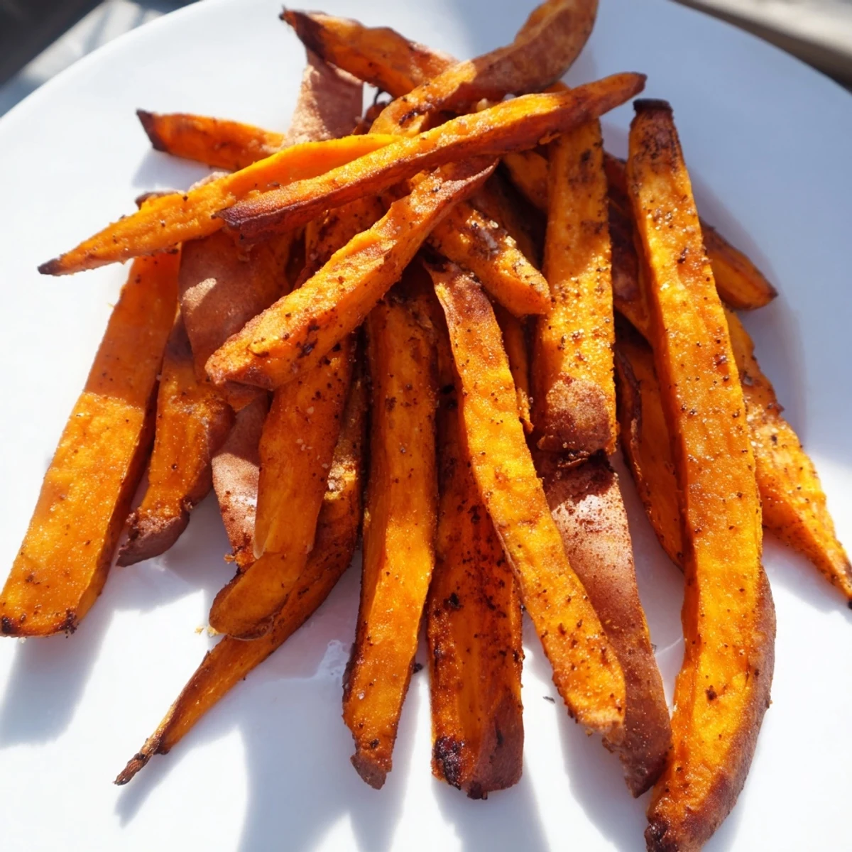 A basket of perfectly roasted sweet potato fries, garnished with fresh parsley and a sprinkle of sea salt.