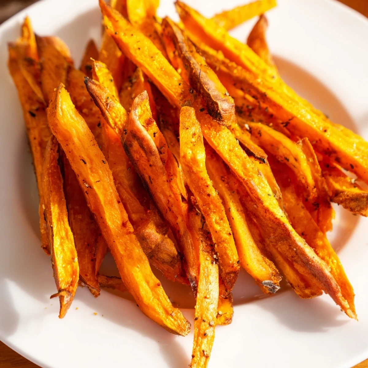 Close-up of crispy roasted sweet potato fries with a tender interior, served with a side of creamy garlic dip.