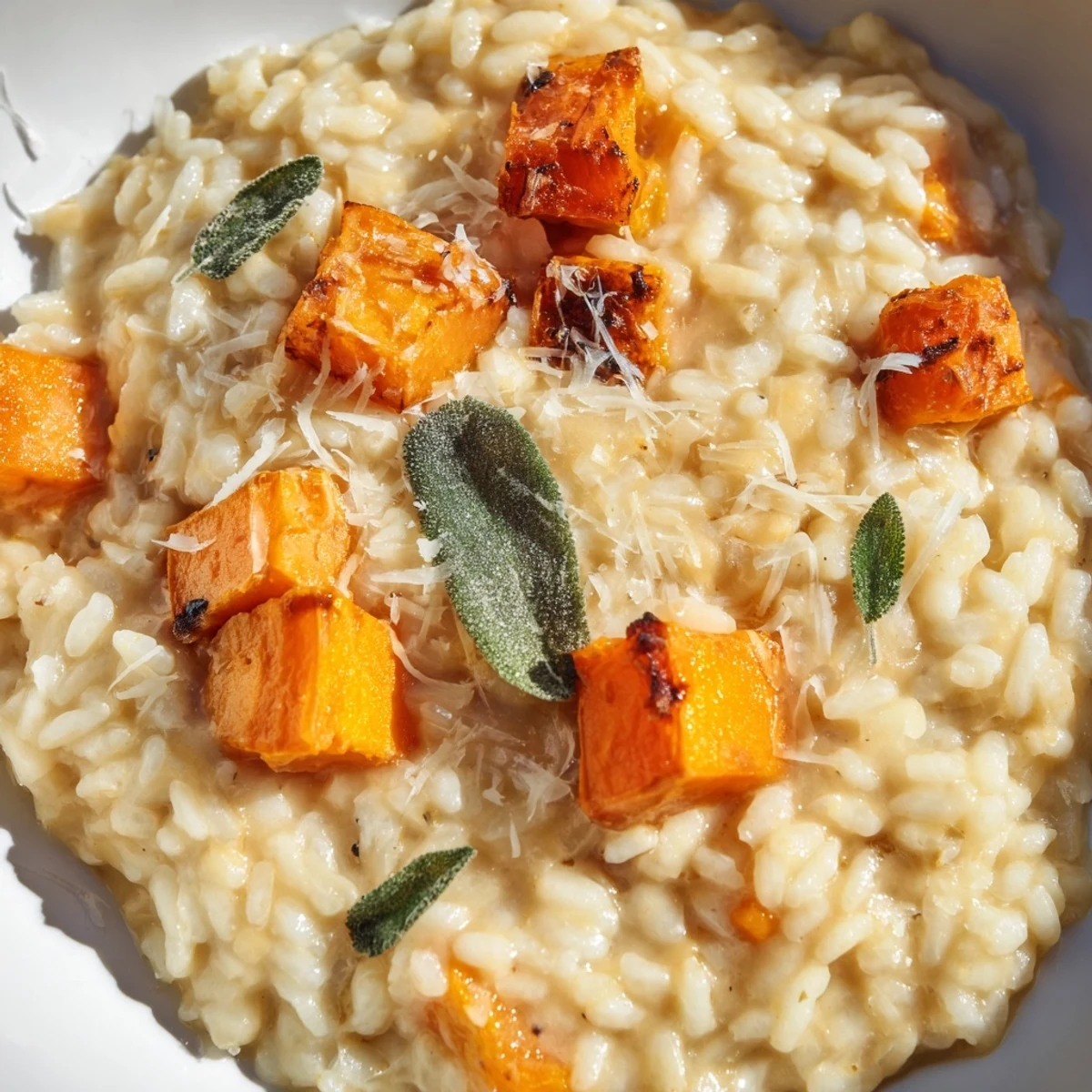 Golden roasted butternut squash cubes folded into creamy, herb-flecked Arborio rice risotto, garnished with fresh sage and Parmesan.