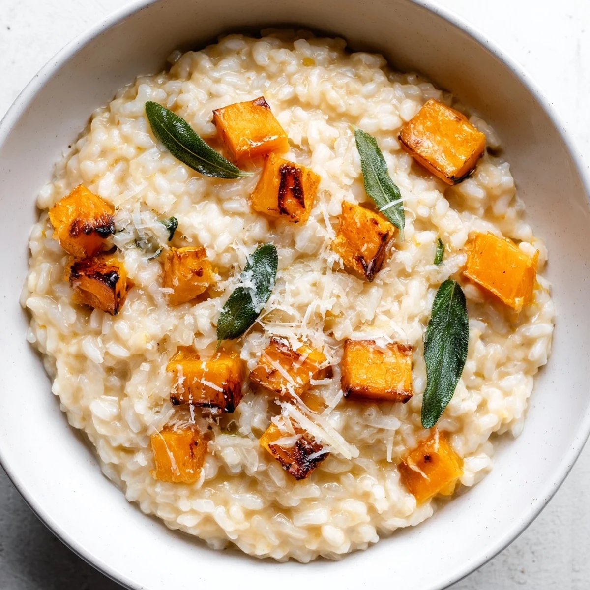 Comforting bowl of Roasted Butternut Squash Risotto topped with extra Parmesan and a sprig of sage, perfect for cozy evenings.
