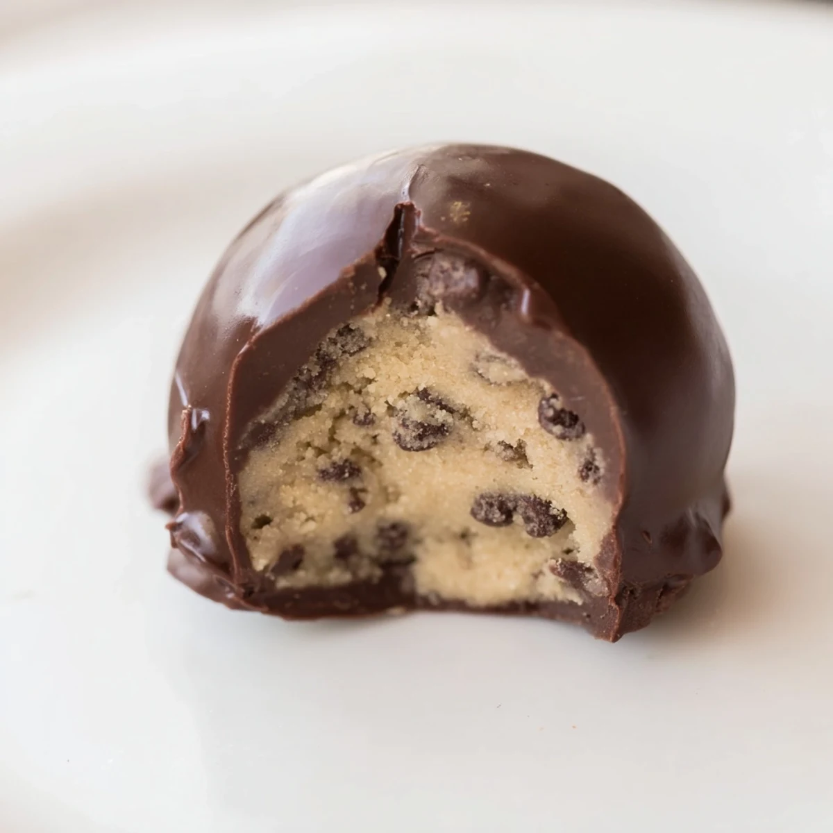 Plated on a white platter, these chocolate chip cookie dough truffles are dusted with coarse sugar, perfect for gifting.