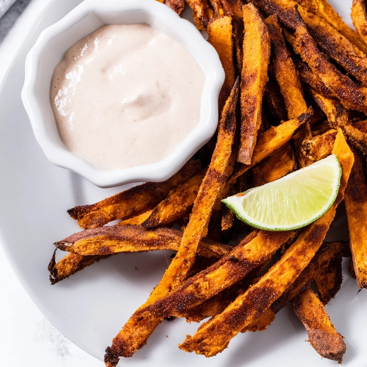 Freshly baked, golden crispy sweet potato fries with chipotle mayo on a plate, steam rising from the hot fries.