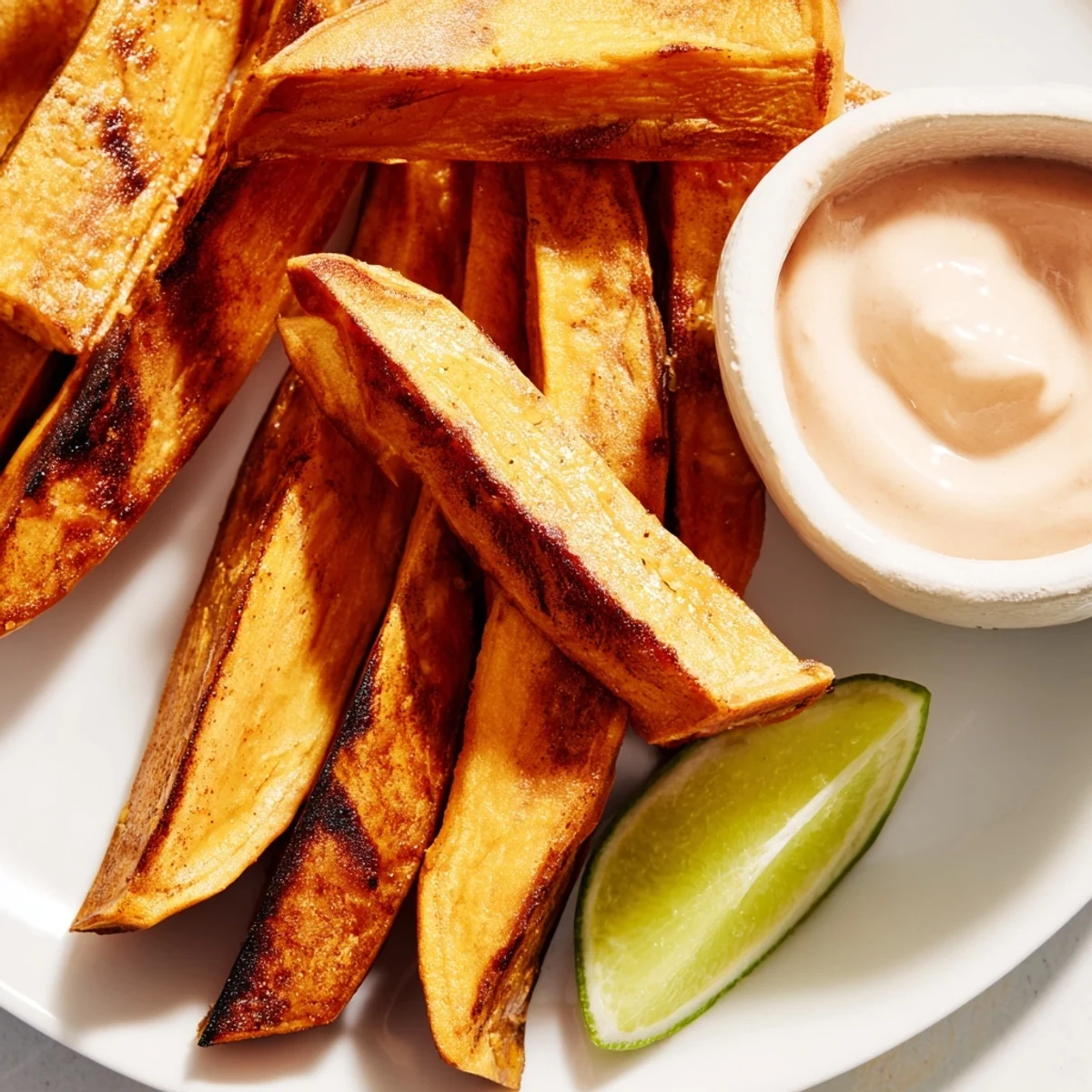 Overhead view of crispy sweet potato fries with chipotle mayo dipping sauce, showing a rustic wooden serving board.