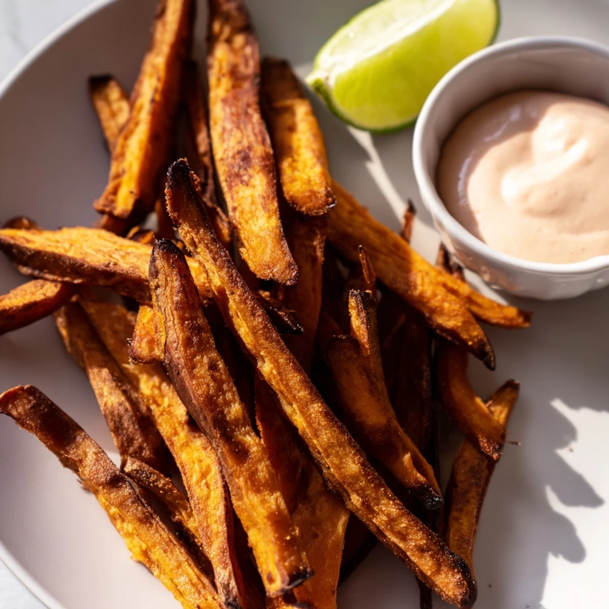 Crispy sweet potato fries with chipotle mayo are garnished with fresh parsley and served beside a burger.