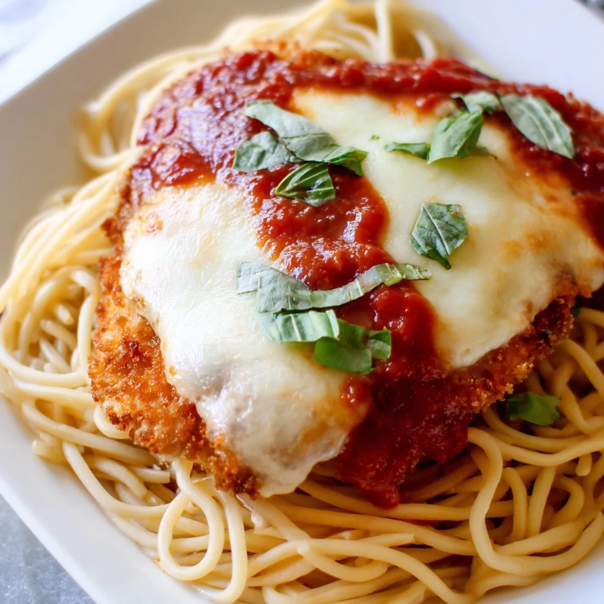 Classic chicken parmesan with spaghetti marinara, garnished with fresh basil and grated Parmesan on a dinner plate.