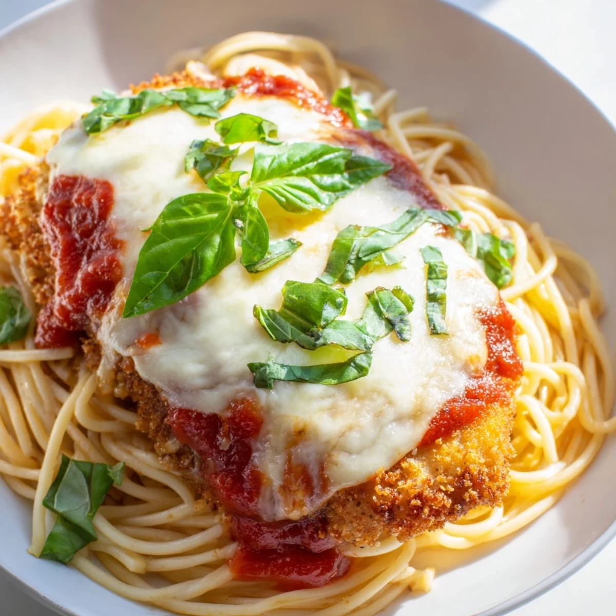 Crispy fried chicken parmesan topped with bubbling cheese and marinara, paired with al dente spaghetti marinara.  