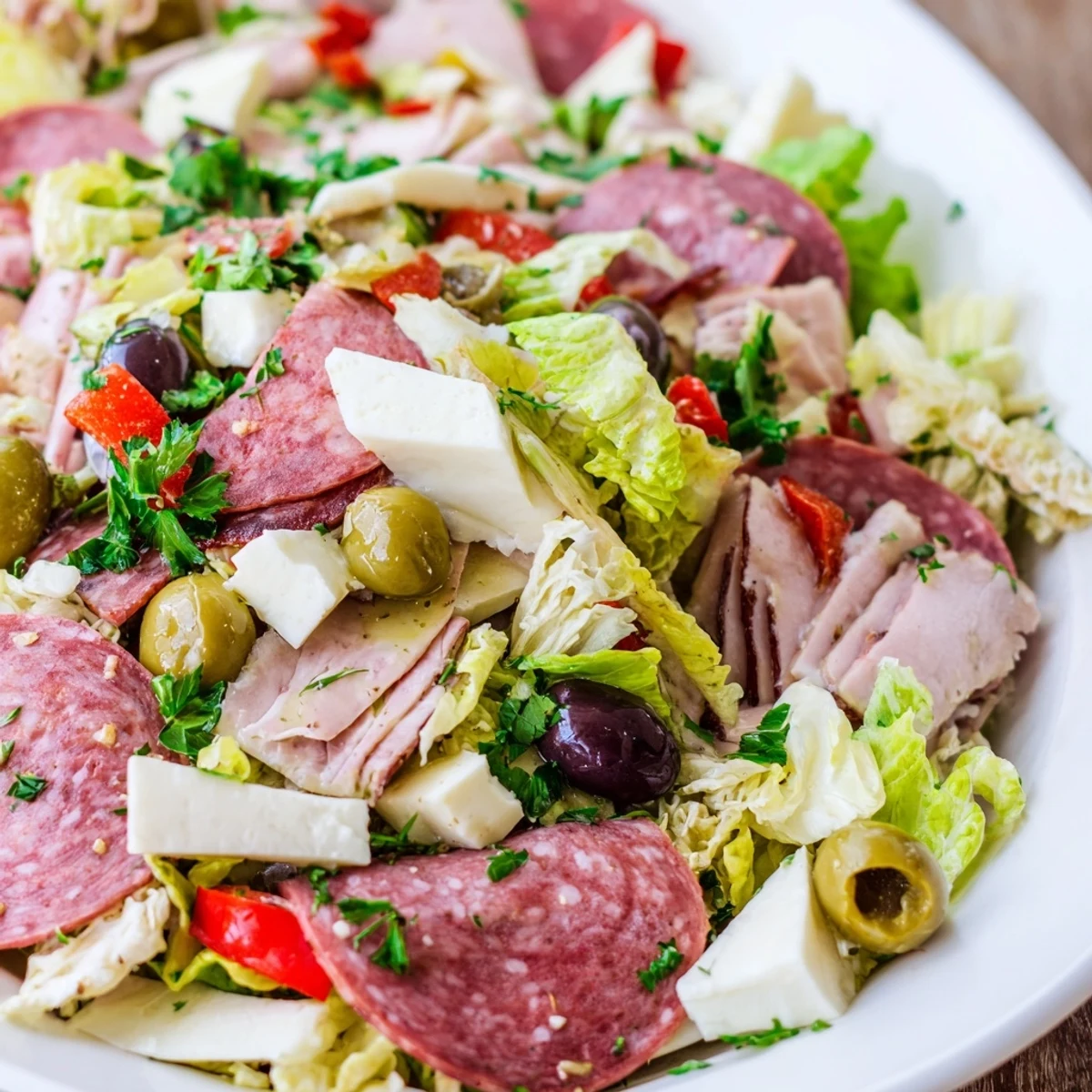 A vibrant New Orleans Muffuletta Salad featuring mixed greens, halal deli meats, provolone, and tangy olive mix topped with garlicky vinaigrette.