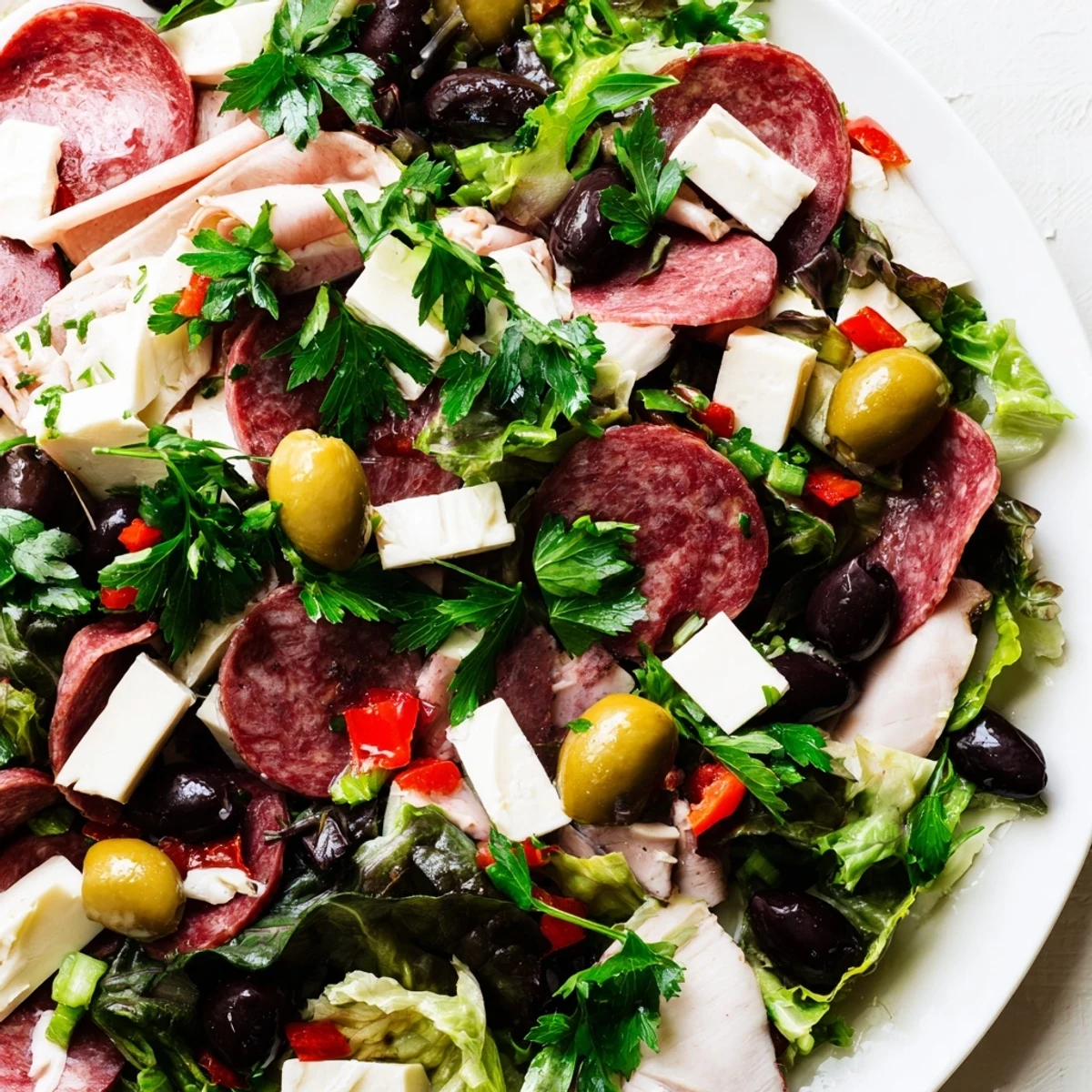 A colorful platter of New Orleans Muffuletta Salad with crunchy cucumbers, cherry tomatoes, olives, and savory halal salami, ready for a picnic or potluck.