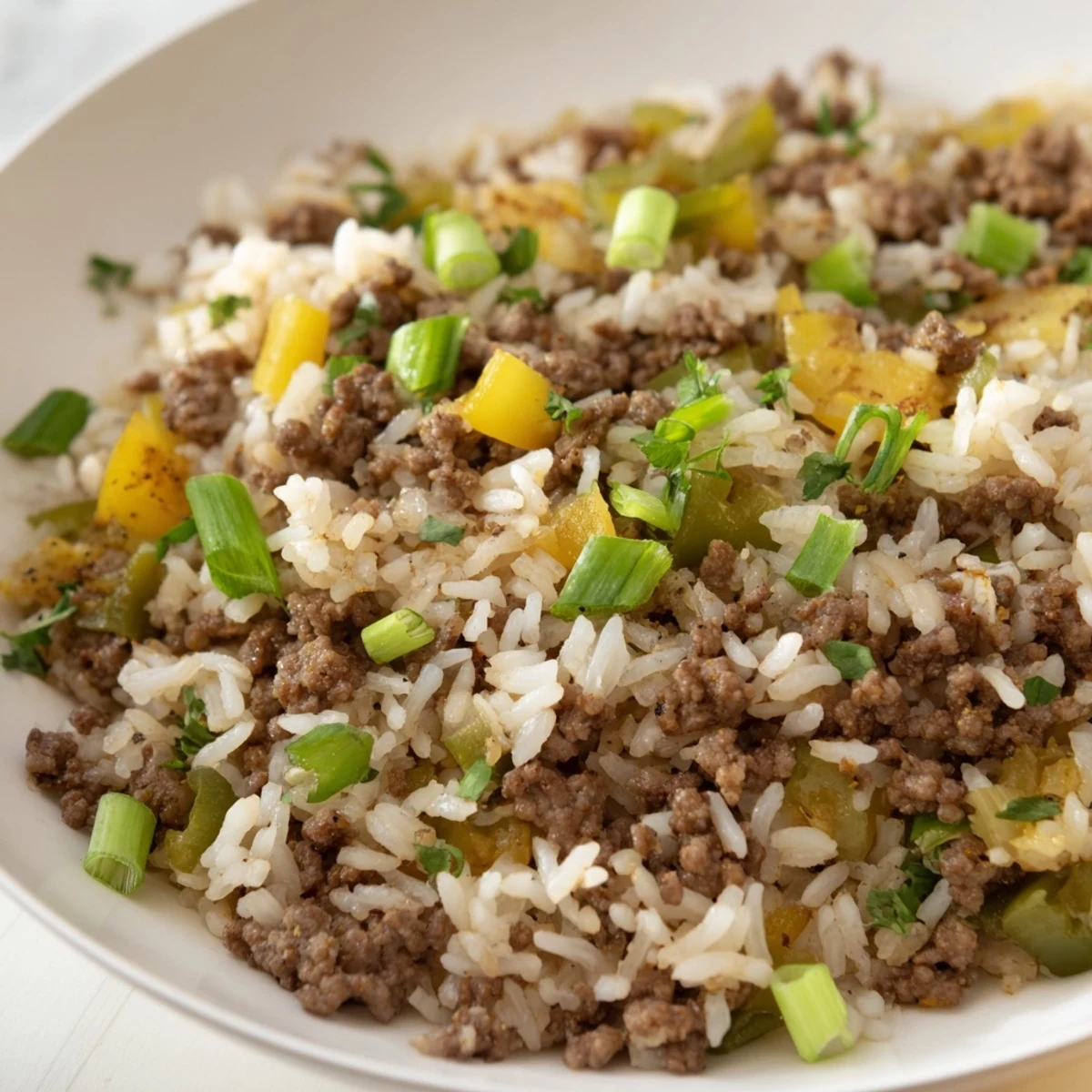A vibrant bowl of Mardi Gras Dirty Rice with Beef, featuring tender ground beef and fluffy rice studded with green peppers and onions.