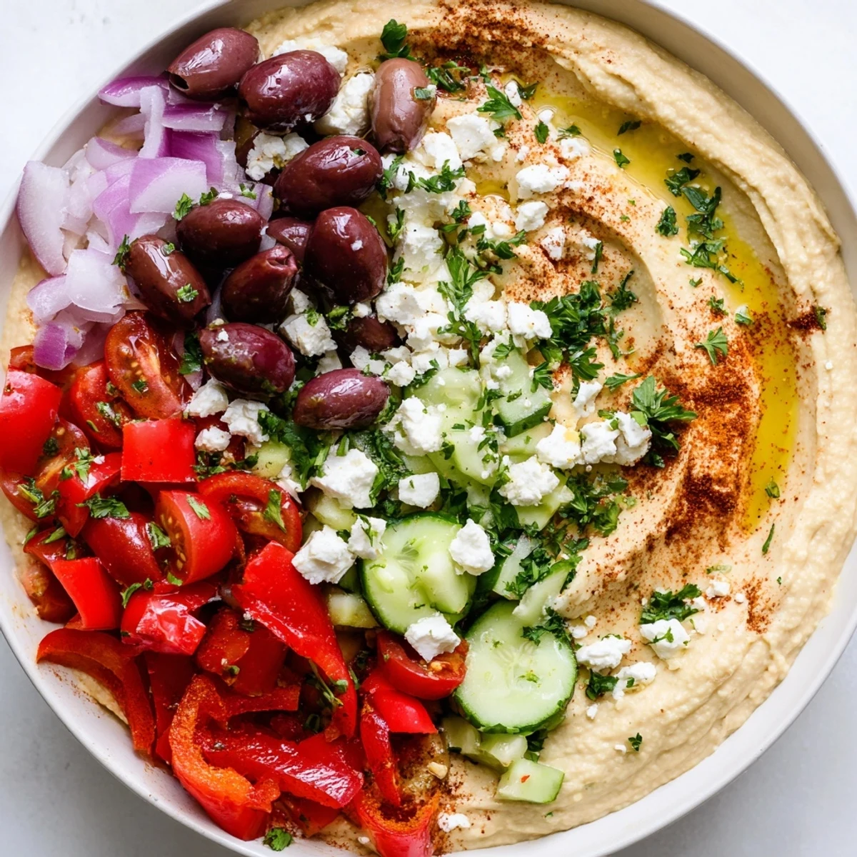 Fresh Mediterranean Hummus Bowl with creamy hummus, crisp veggies, and Kalamata olives, served with warm pita wedges for dipping.