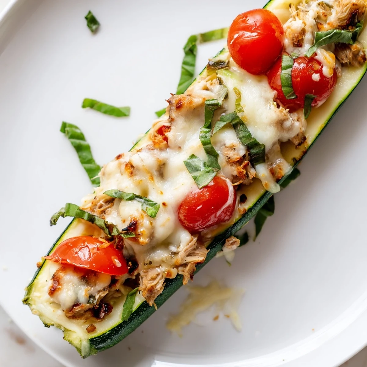 Golden-brown Chicken Zucchini Boats with Cheese fresh from the oven, topped with bubbly mozzarella and fresh basil garnish.
