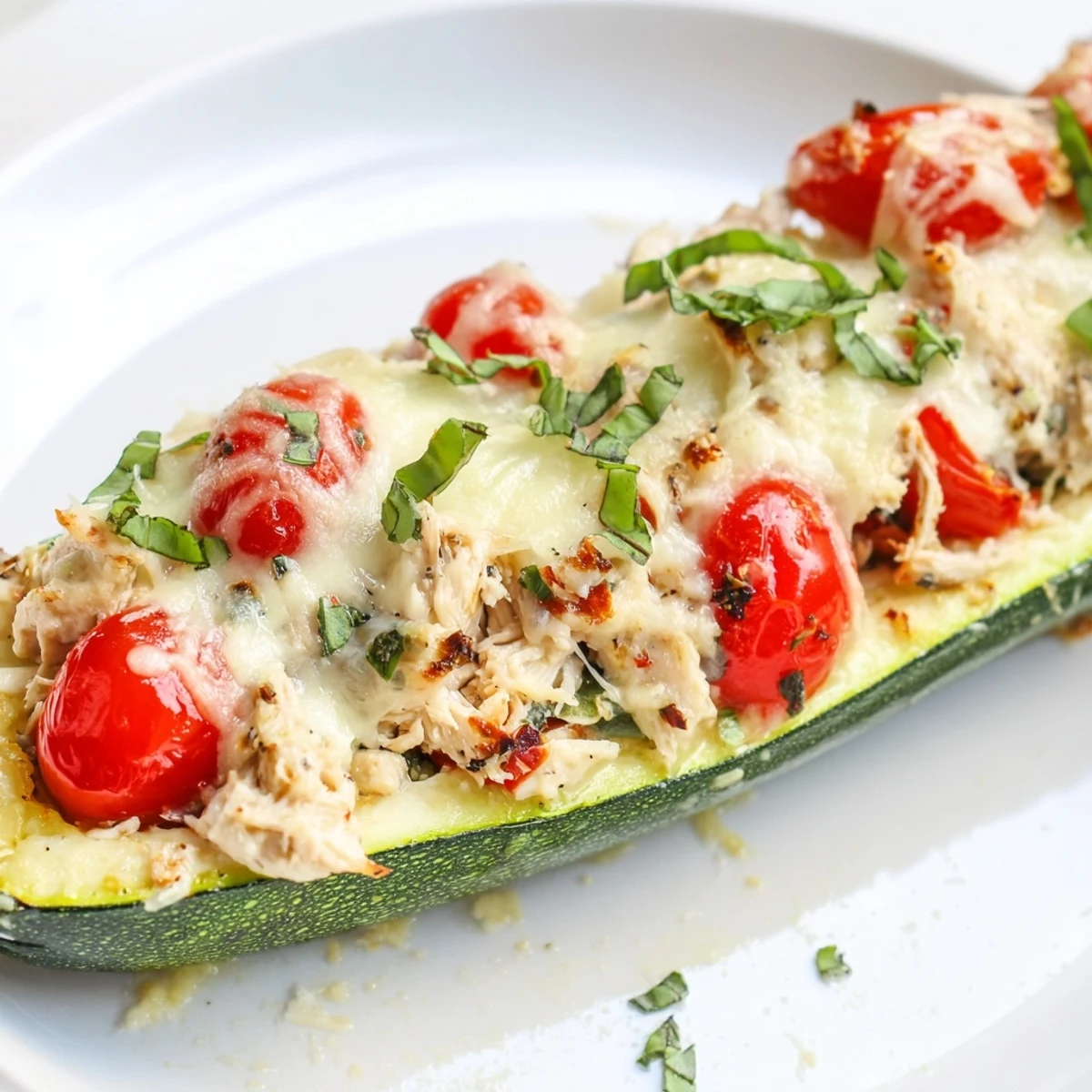 Spoonful of savory chicken, tomato, and herb filling inside tender zucchini halves, perfect for a gluten-free family dinner.