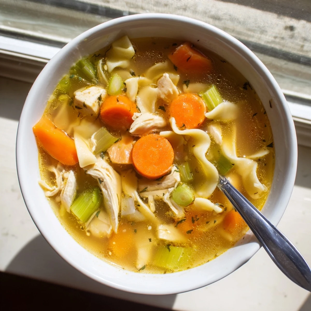 A ladle lifts hearty Chicken Noodle Soup with Veggies from a pot, showing shredded chicken, bright green beans, and fresh herbs in golden broth.