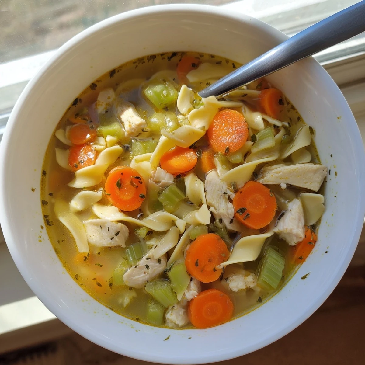 Steam rises from a bowl of homemade Chicken Noodle Soup with Veggies, featuring tender chicken, egg noodles, and colorful carrots, celery, and peas.