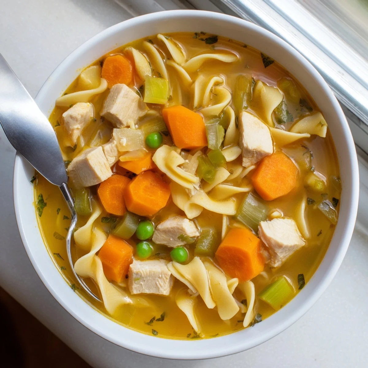 Serve this comforting Chicken Noodle Soup with Veggies in a rustic ceramic bowl, garnished with parsley and a side of crusty bread.
