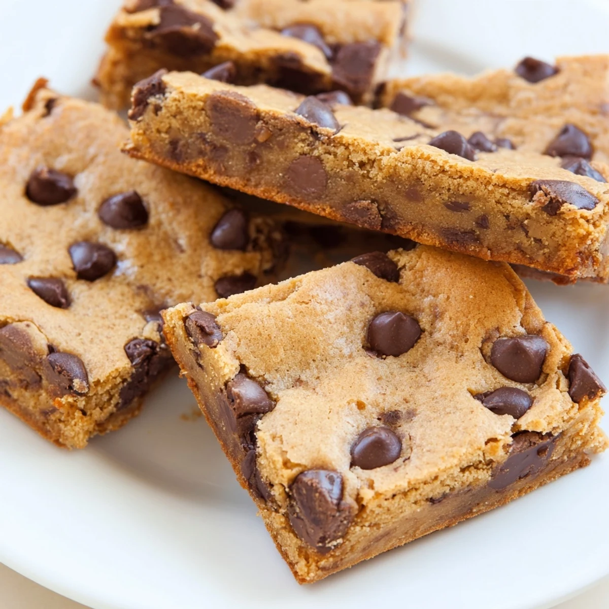 A close-up of warm Chocolate Chip Cookie Bars reveals gooey chocolate pockets and a slightly crispy, golden edge.