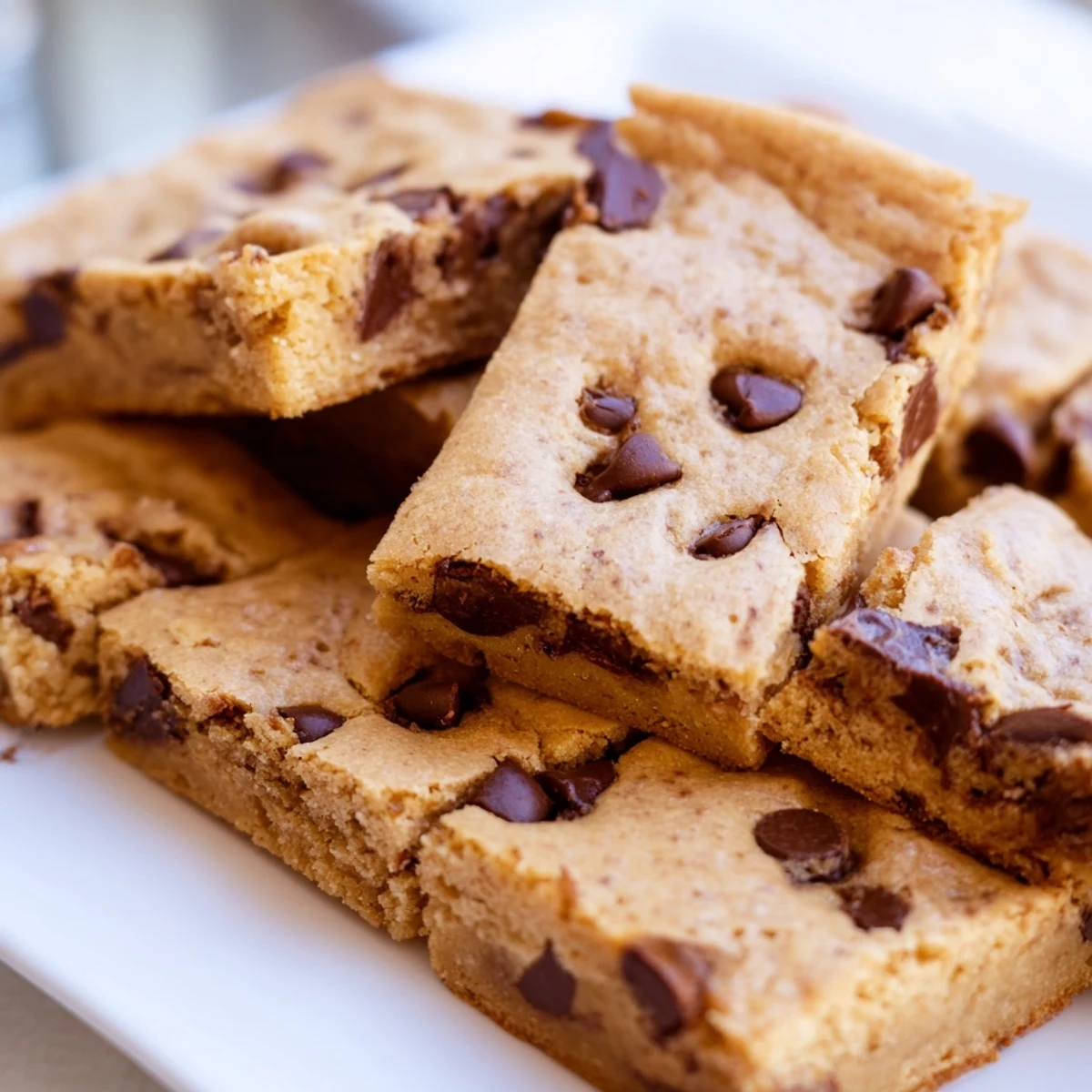 Fifteen freshly cut Chocolate Chip Cookie Bars are neatly arranged on a wooden board, ready for sharing.