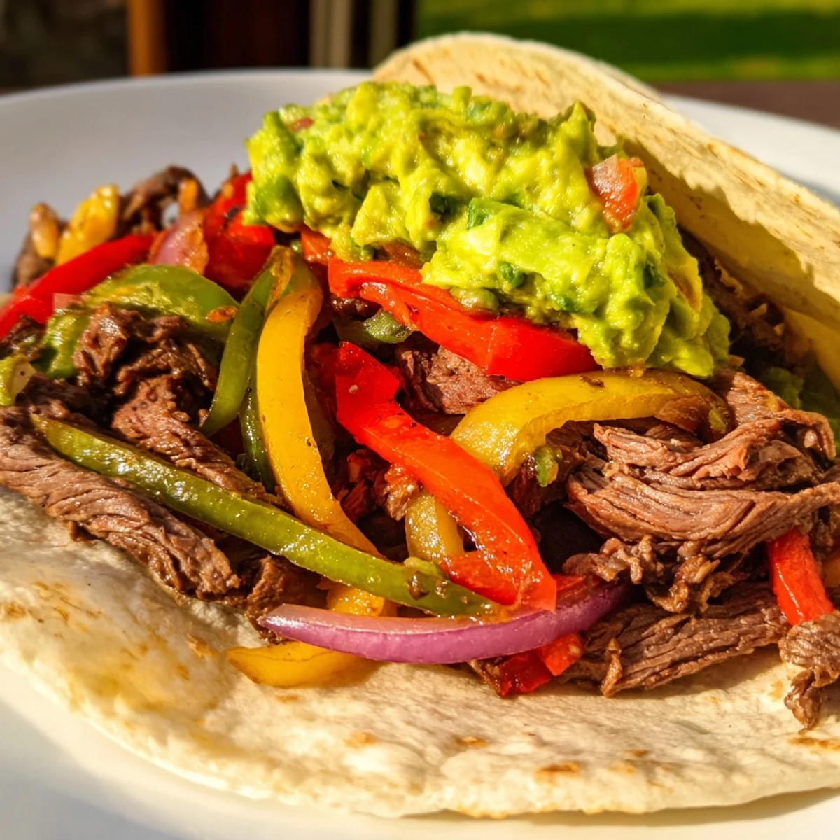 Tender sliced beef, sautéed peppers, and onions piled into warm flour tortillas.