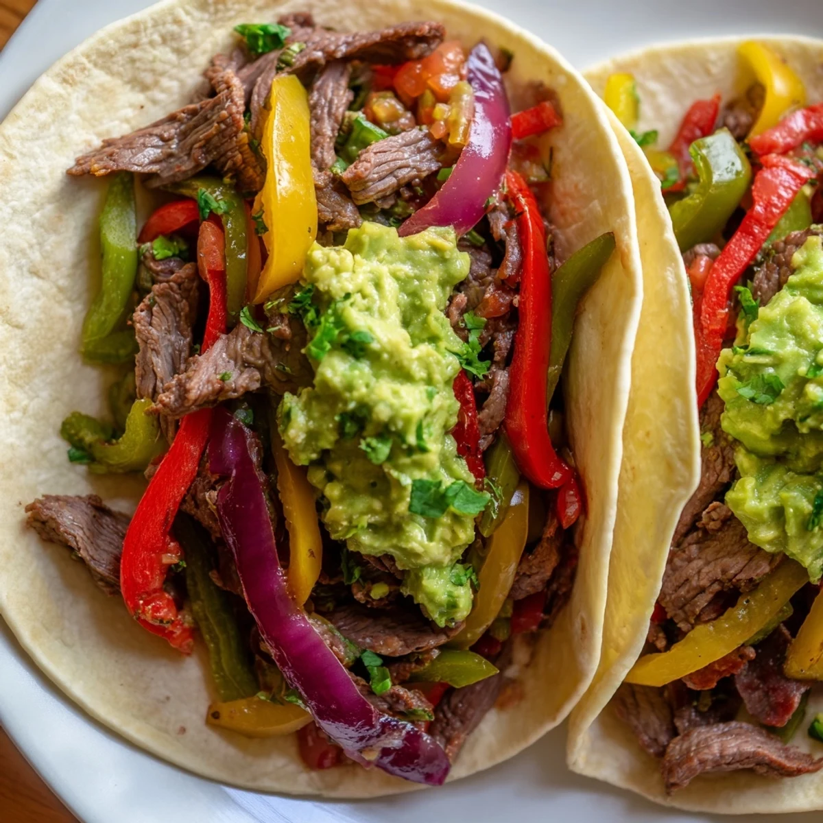 Beef Fajitas with Guacamole on a plate, ready to serve.