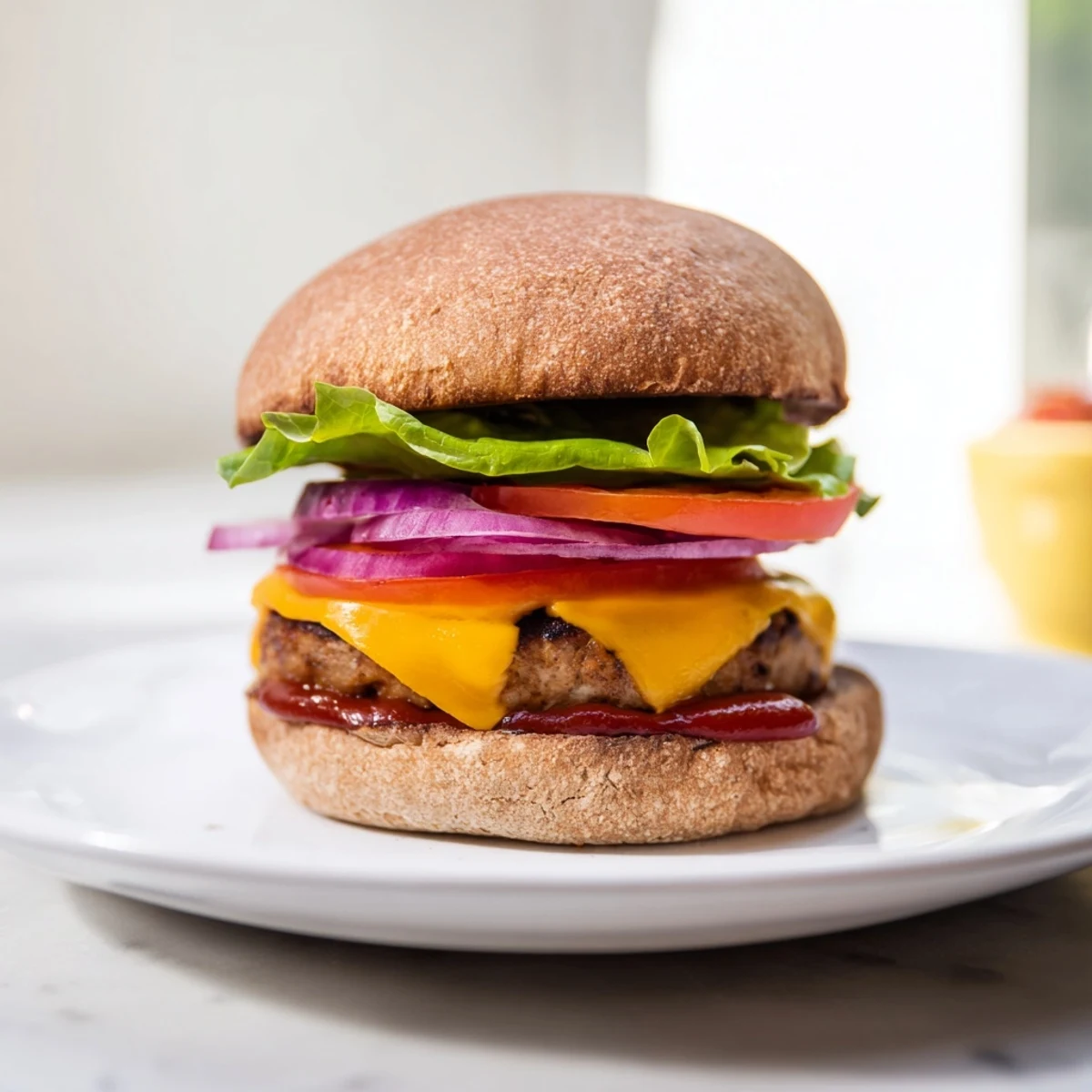 A perfectly grilled turkey burger with melted cheddar, served beside golden, crispy sweet potato fries on a rustic plate.