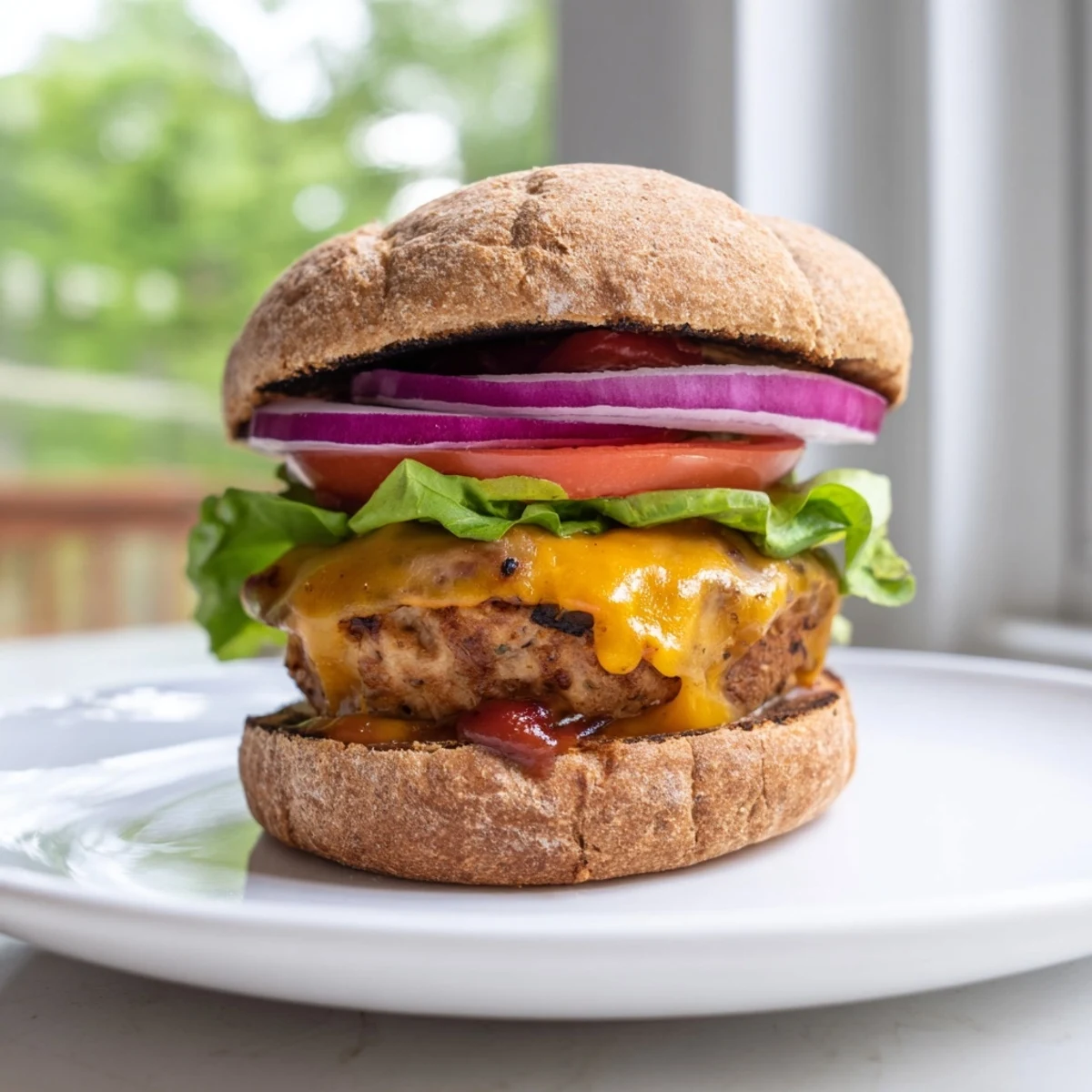 A juicy homemade turkey burger sits beside oven-baked sweet potato fries, offering a healthy and satisfying weeknight meal.