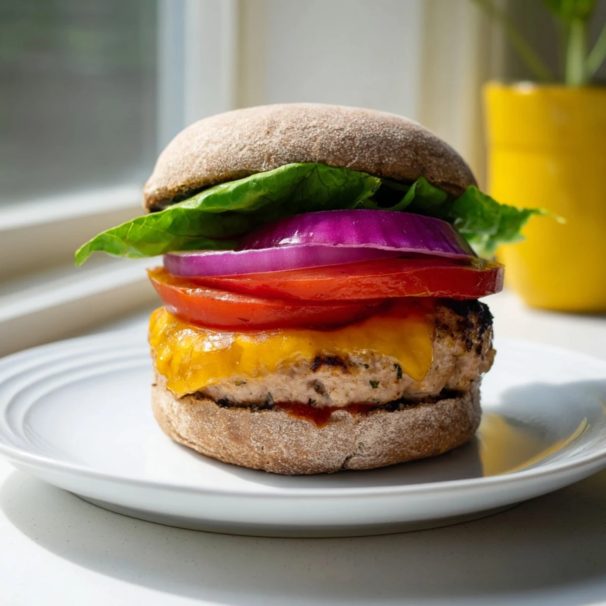 Fresh lettuce and tomato top the turkey burger, paired with paprika-seasoned sweet potato fries for a colorful dinner plate.