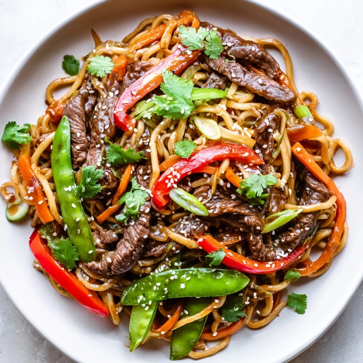 Steaming bowls of spicy beef stir fry with noodles feature tender beef strips and crisp vegetables coated in a glossy, fiery sauce.