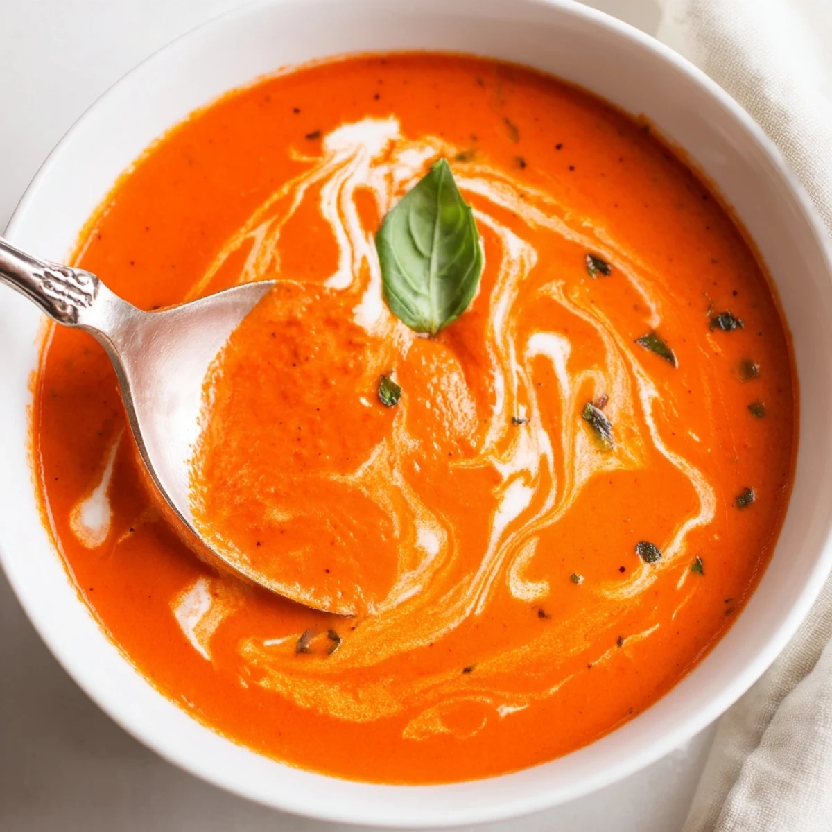 Homemade creamy tomato soup with basil in a rustic white bowl, garnished with fresh basil leaves and a swirl of cream.  