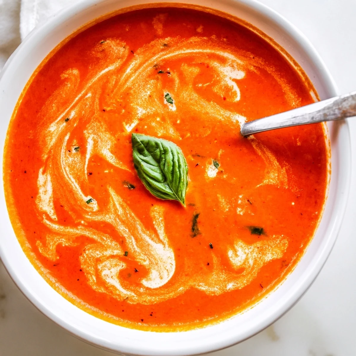 Steaming bowl of creamy tomato soup with basil garnish, served alongside a grilled cheese sandwich for dipping.  