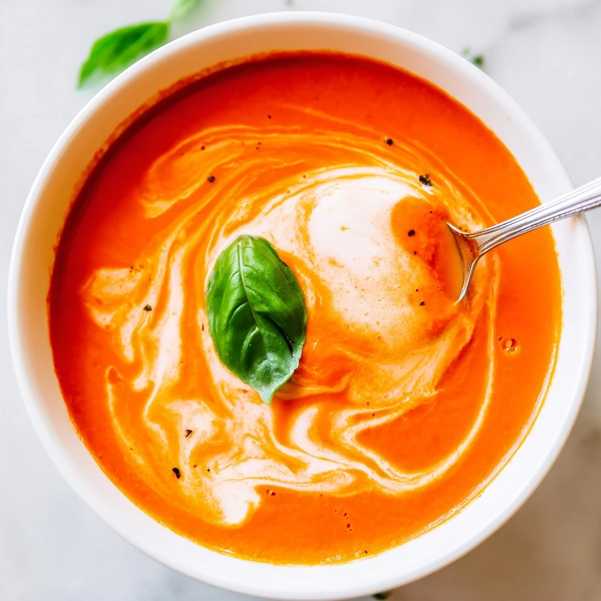 Creamy tomato soup with basil in a cozy setting, perfect for dipping crusty bread or pairing with a green salad.