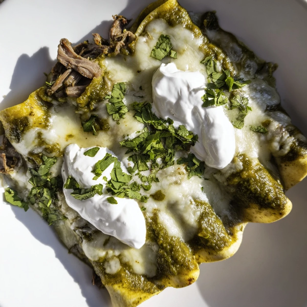 Hearty Beef Enchiladas with Green Sauce served hot from the oven, paired with Mexican rice for a classic dinner.