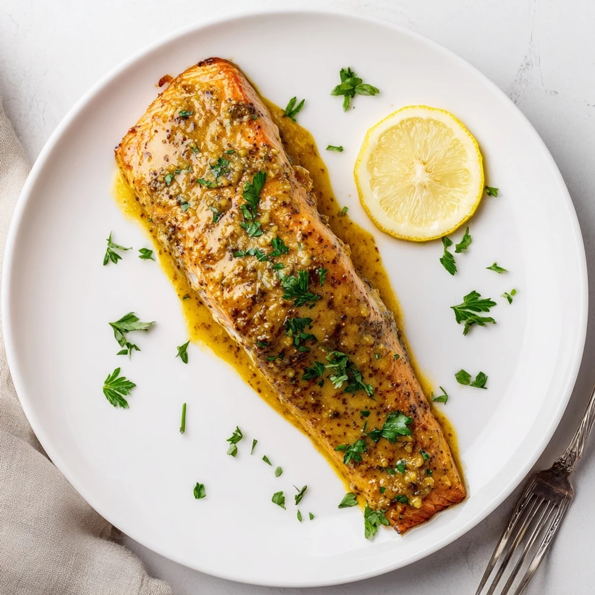 Flaky, tender salmon fillets topped with sweet and tangy honey mustard, garnished with fresh parsley on a rustic plate.