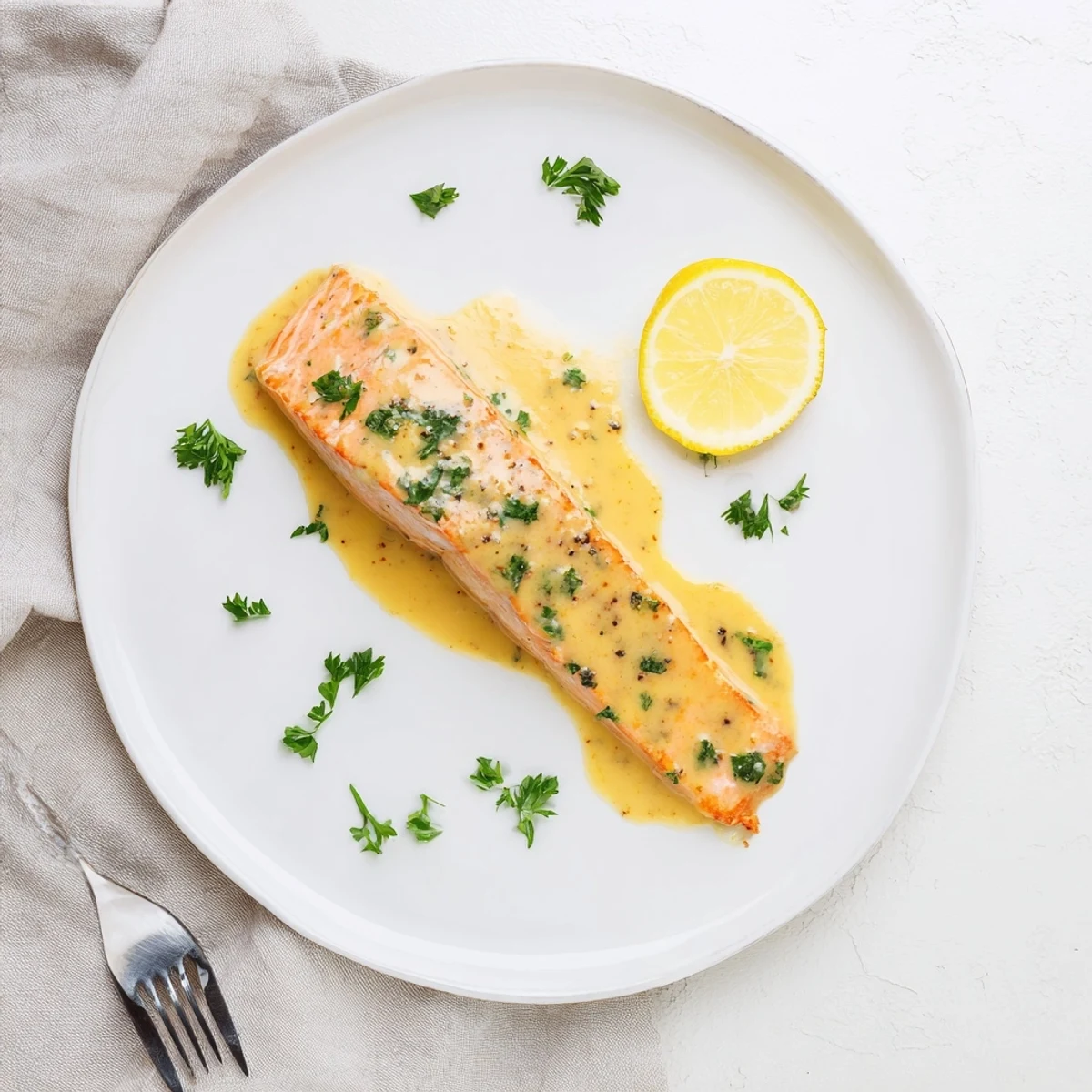 Juicy baked salmon fillets glistening with golden honey mustard glaze, served with lemon wedges on a white plate.