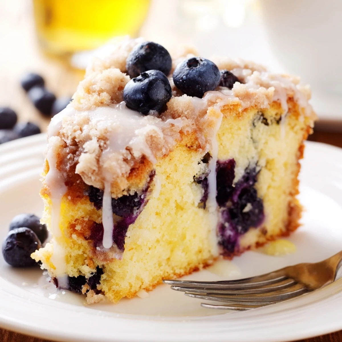 A moist slice of Lemon Blueberry Coffee Cake drizzled with lemon glaze, paired with a steaming mug of coffee for breakfast.  