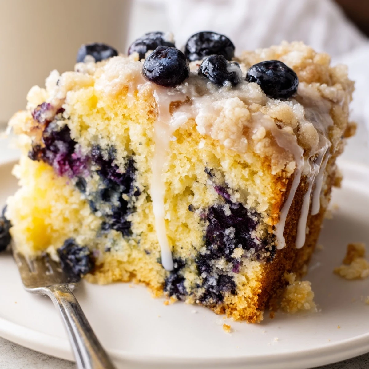 Freshly baked Lemon Blueberry Coffee Cake with a golden, buttery crumb topping and vibrant berries on a rustic wooden table.  