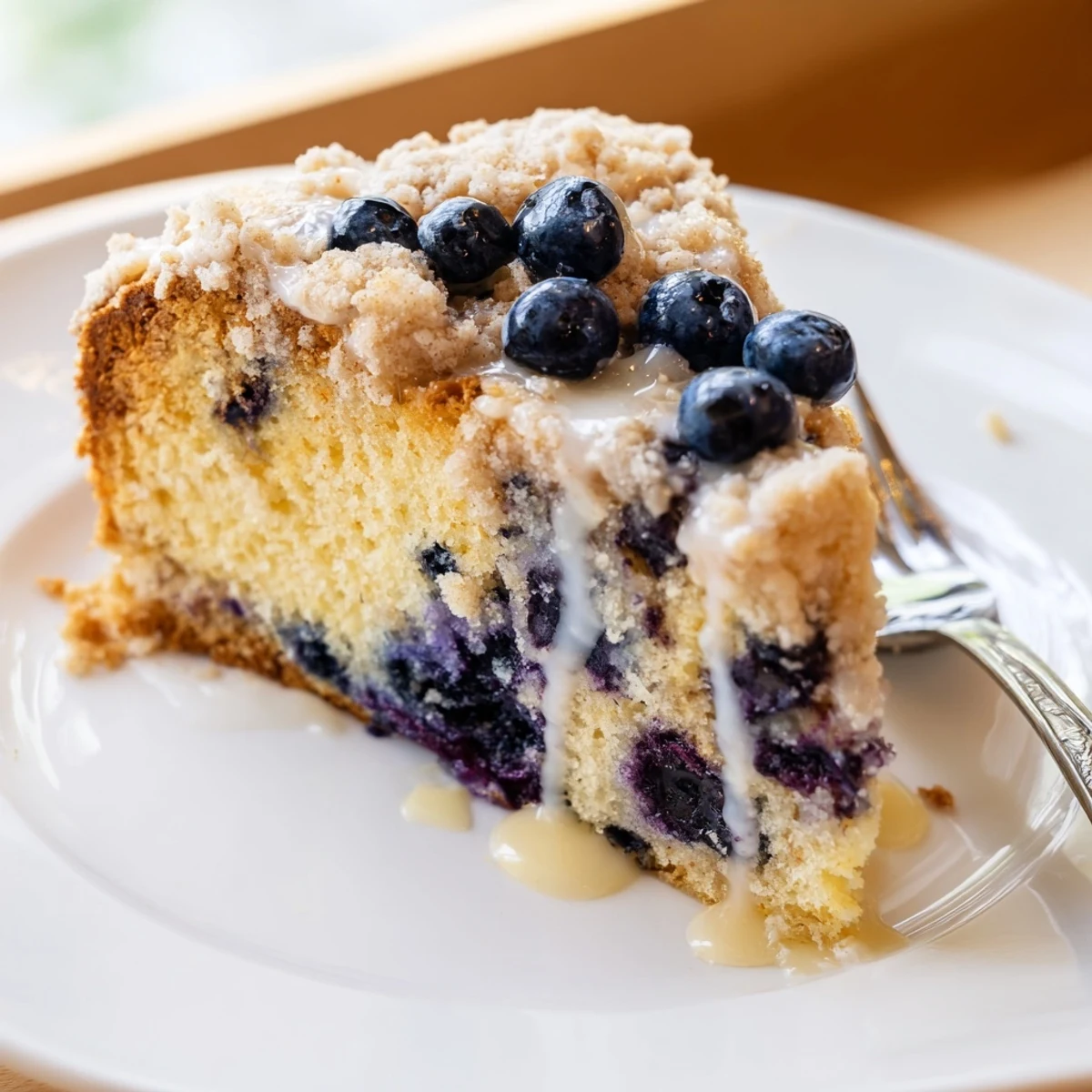 Close-up of Lemon Blueberry Coffee Cake showing tender crumb, juicy blueberries, and zesty lemon zest in a home kitchen.