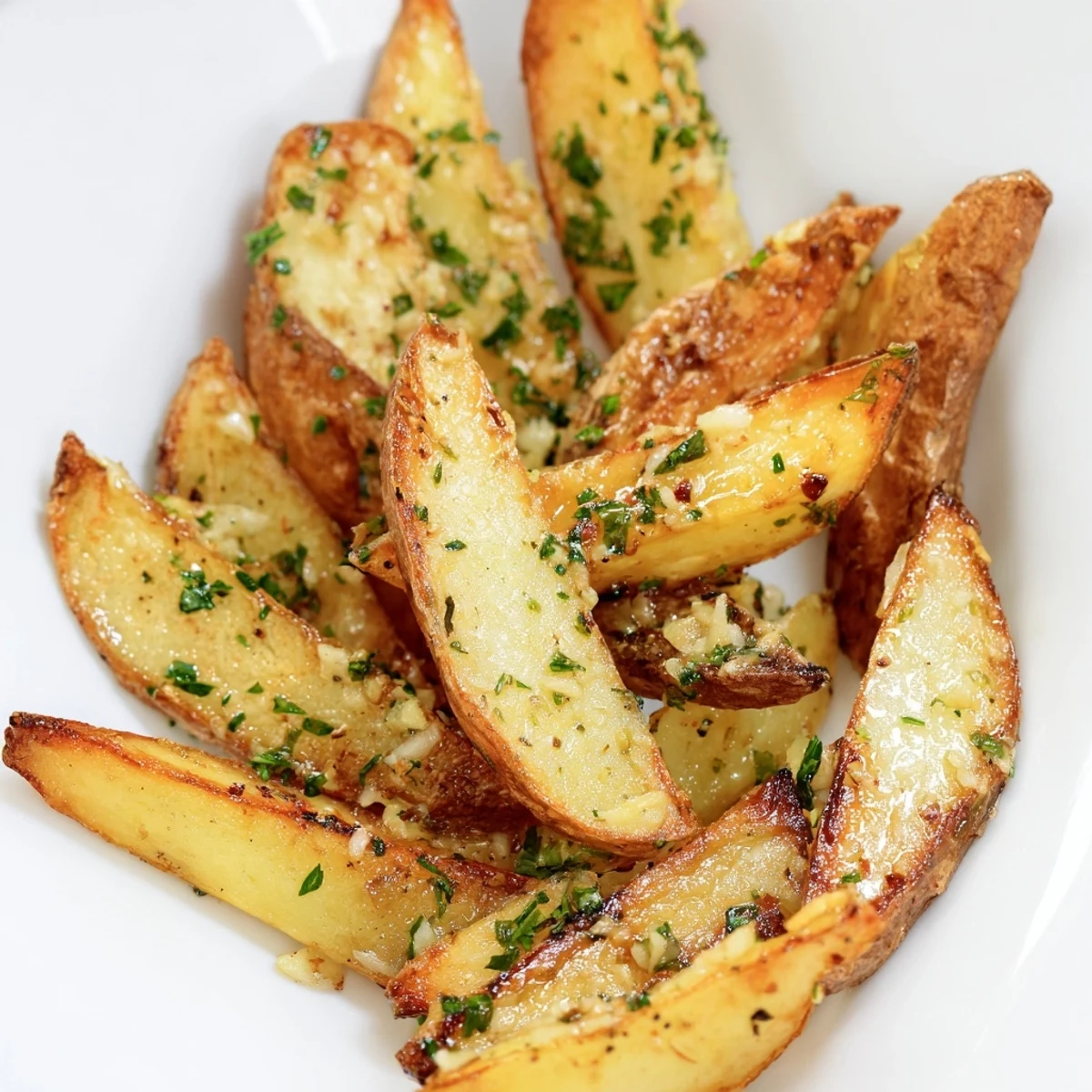 Golden-brown roasted fries with garlic and herbs fanned out on a baking sheet, showcasing their crispy edges.  