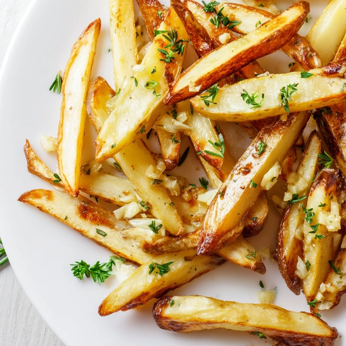 A close-up of freshly tossed Roasted Fries with Garlic and Herbs, garnished with vibrant green parsley and thyme.  