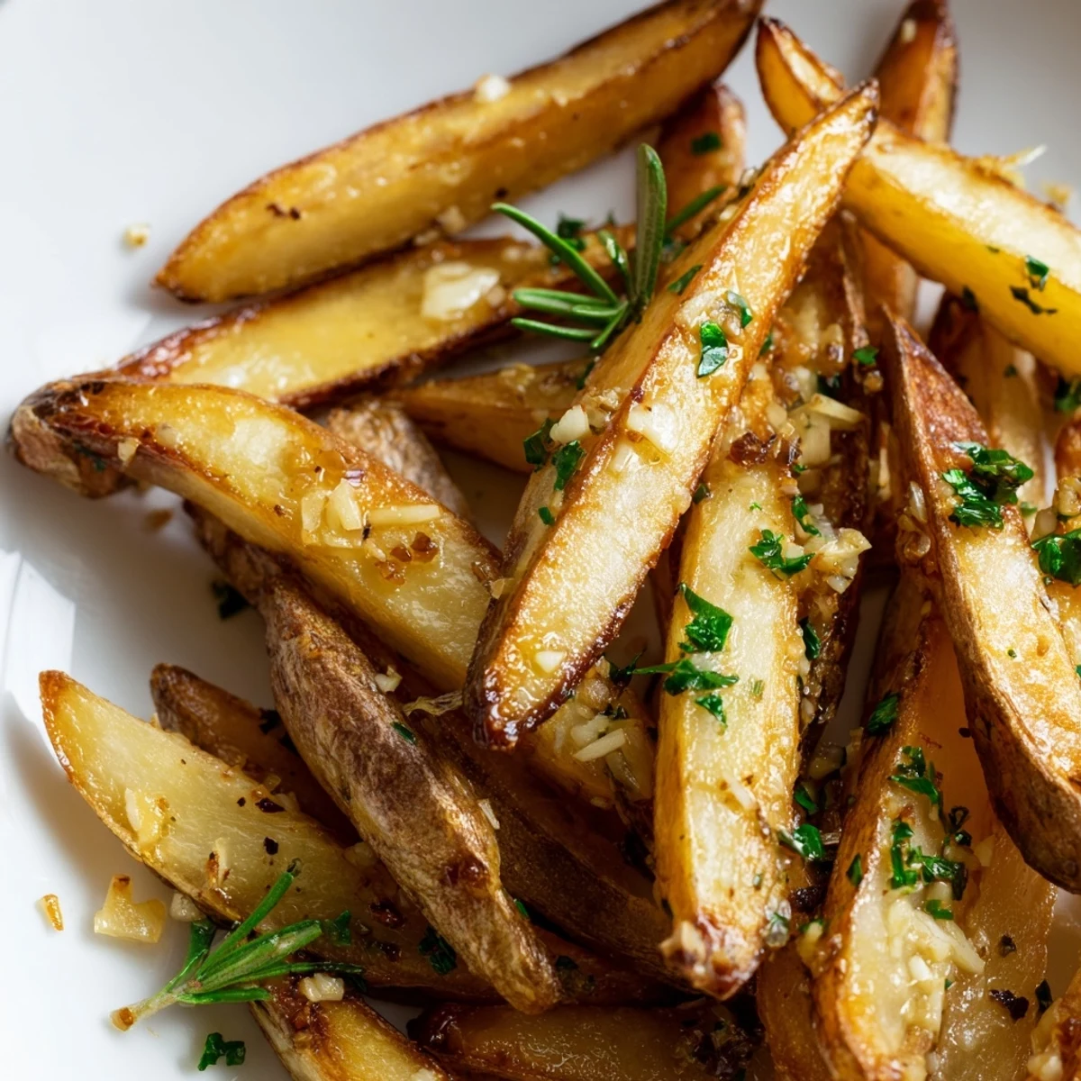 Serving suggestion for Roasted Fries with Garlic and Herbs, presented in a rustic bowl ready for dipping.