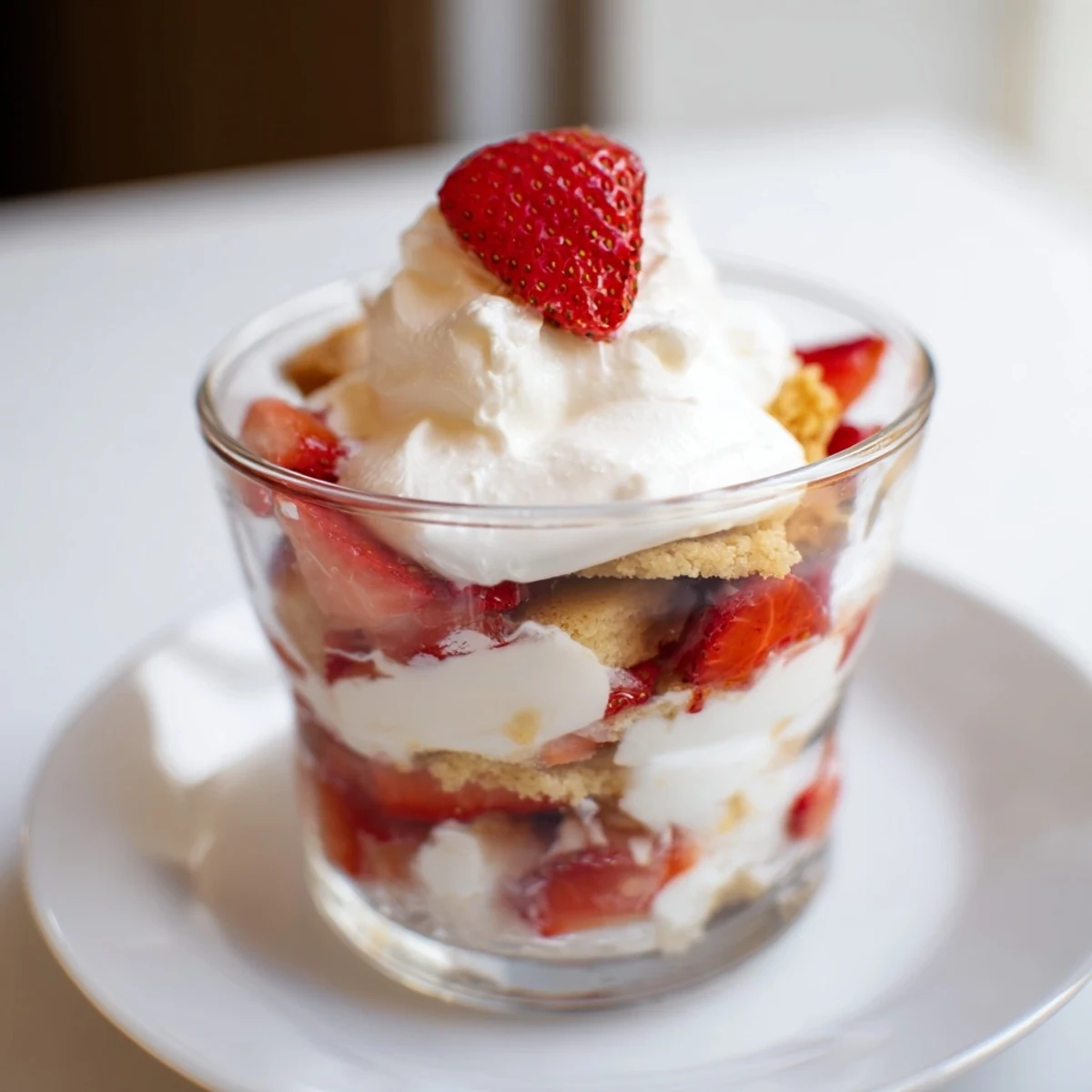 A close-up of Sweetheart Strawberry Shortcake Parfaits topped with a fresh strawberry, ready for a romantic dessert serving.
