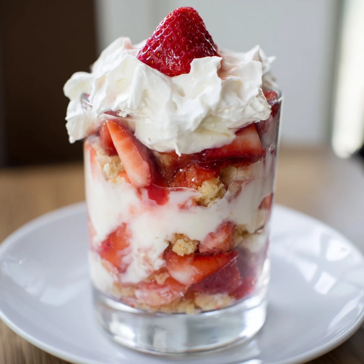 Four layered Sweetheart Strawberry Shortcake Parfaits in clear glasses with golden shortcake crumbles, fresh sliced strawberries, and billowy whipped cream.