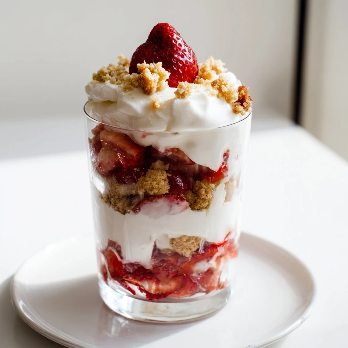 Sweetheart Strawberry Shortcake Parfaits featuring crumbled shortcake, macerated strawberries, and sweet whipped cream layered high in a dessert glass.